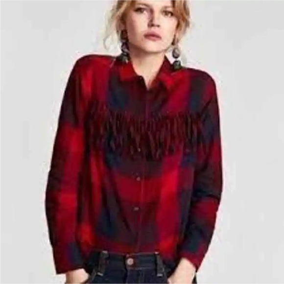 Zara Basic Blue & Red Plaid Fringe Button Top Shirt - Picture 1 of 6